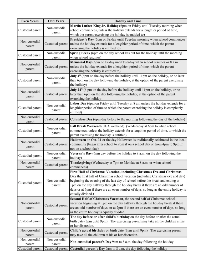 Holiday Schedule Under Utah Code § 30-3-35