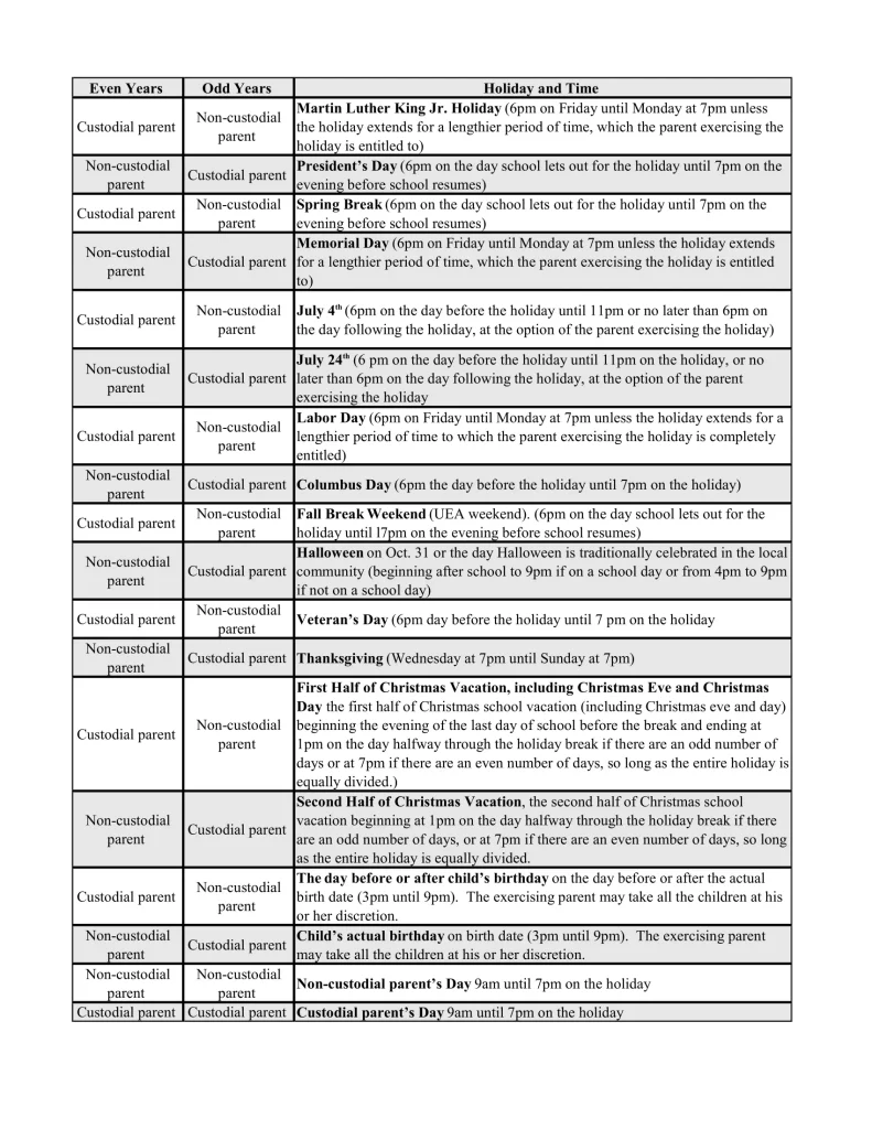 Holiday Schedule Under Utah Code § 30-3-35